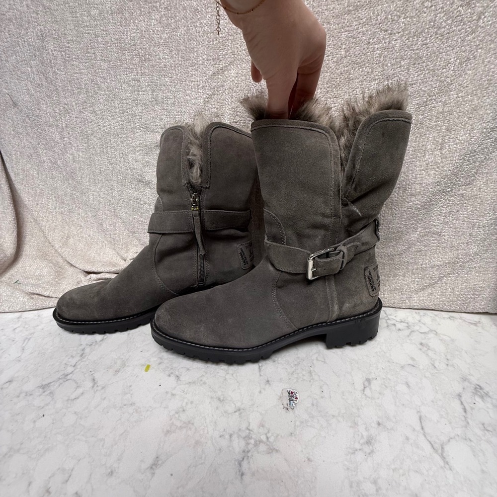 Sam Edelman Jeanie Grey Suede Faux Fur Lined Moto Boots Womens 8M Lug Sole